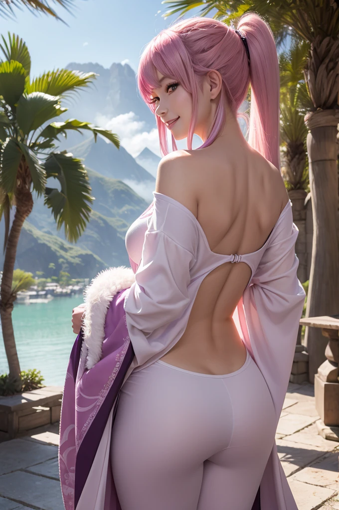 masterpiece, rich colors, Best quality, detailed, high resolution, Hyper quality, high detail, , high quality, detailing, thin sexy goddess Yae Miko , purple eyes, pink hair, pink pubic hair, bald tail, very small fluffy fox ears, kimono, smile, seduction, bright lighting , green eyes, anime, palm trees, bright lighting, An oasis of calm. High Mountains, shrouded in serene mist, ((ROW фотография)), back view