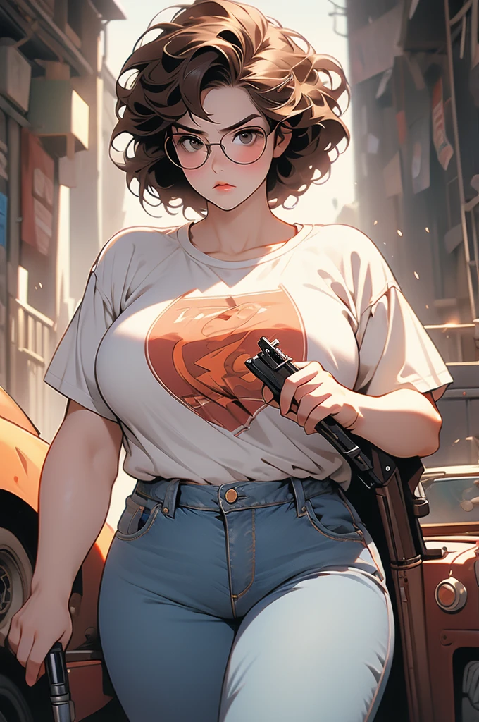 1girl, voluptuous, jeans, t-shirt, brown hair, round glasses, angry, holding a shotgun