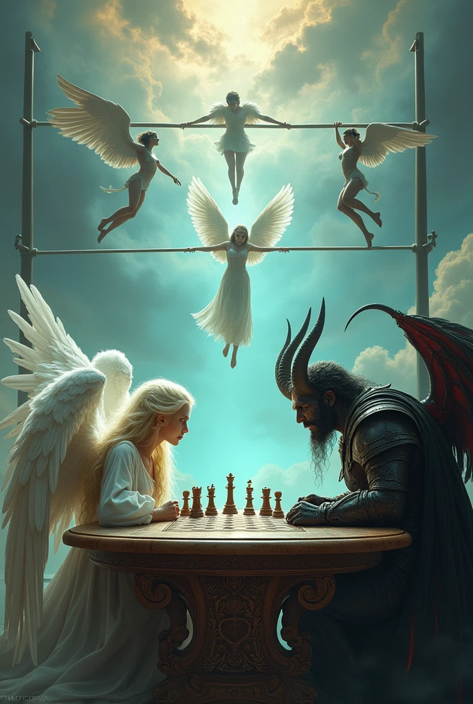 Generate an image of an angel and a demon playing chess against each other with a stone board, a gold watch, chairs and tables playing face to face, with expressions of war, and next to them several angels and demons doing bars around them 