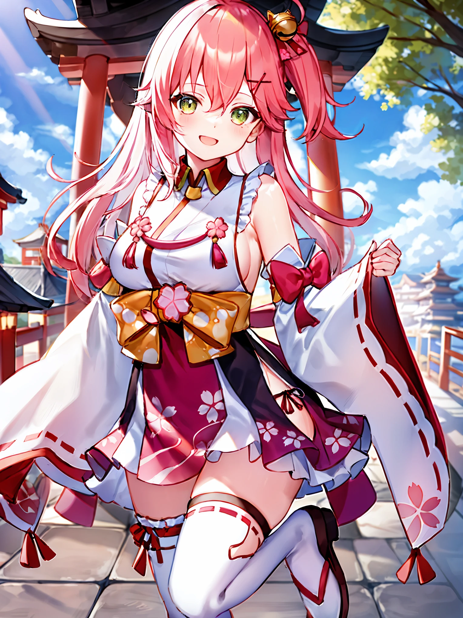 masterpiece, best quality, highres, miko1, sakura_miko, 1girl, big_boobs, solo, ahoge, x_hair_ornament, pink_hair, floral print, hairclip,(side_less_clothes:1.5), (side_boobs:1.5), hair_bell, floral print, long_hair, hair between eyes, one side up, white thighhighs, asymmetrical legwear, wide sleeves, open_mouth,(happy:1.3),gleen_eyes,big_smile,(rise_leg:1.3),plump,apart_legs,(overly_long_sleeves:1.3),),sleeves_past_wrists,hands_hidden_sleeves,sidelock_clothes,dynamic_posing,solo,hidden_wrists,(XD:1.4),covered_nipples,sunlight,cherryblossom_temple_landscape_background,