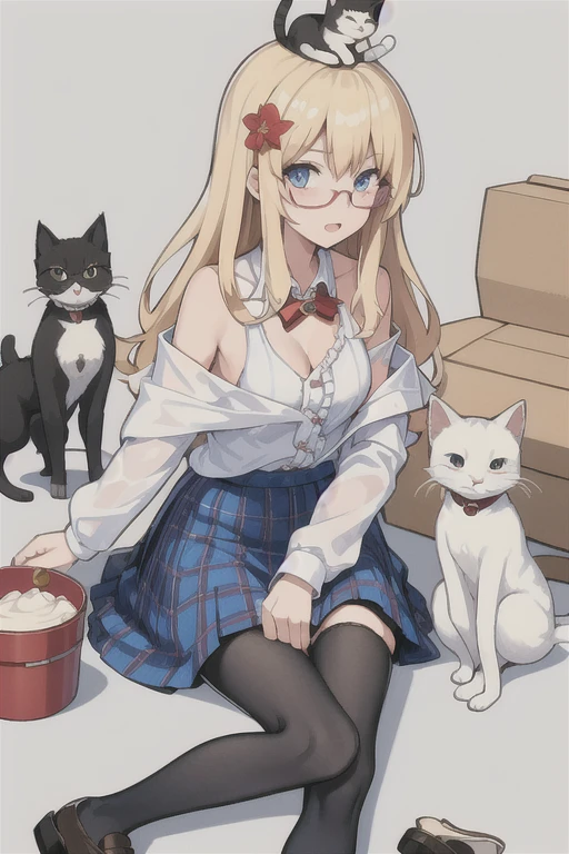 Hood \(warship girls r\),((masterpiece)),(((best quality))),((ultra-detailed)),((illustration)),((disheveled hair)),((frills)),(1 girl),(solo),1girl, animal, animal on lap, animalization, black cat, black legwear, blonde hair, blue eyes, blue skirt, blush, breasts, calico, cat, cat on head, cleavage, clothed animal, collar, collarbone, dog, flower, fox, full body, glasses, hair flower, hair ornament, holding animal, holding cat, loafers, long hair, long sleeves, looking at viewer, medium breasts, neck bell, off shoulder, open clothes, open mouth, otter, pantyhose, pet, plaid, plaid skirt, pleated skirt, puppy, red-framed eyewear, school uniform, semi-rimless eyewear, shiba inu, shoe dangle, shoes, sitting, skirt, solo, under-rim eyewear, whiskers, white cat,Moderate legs,