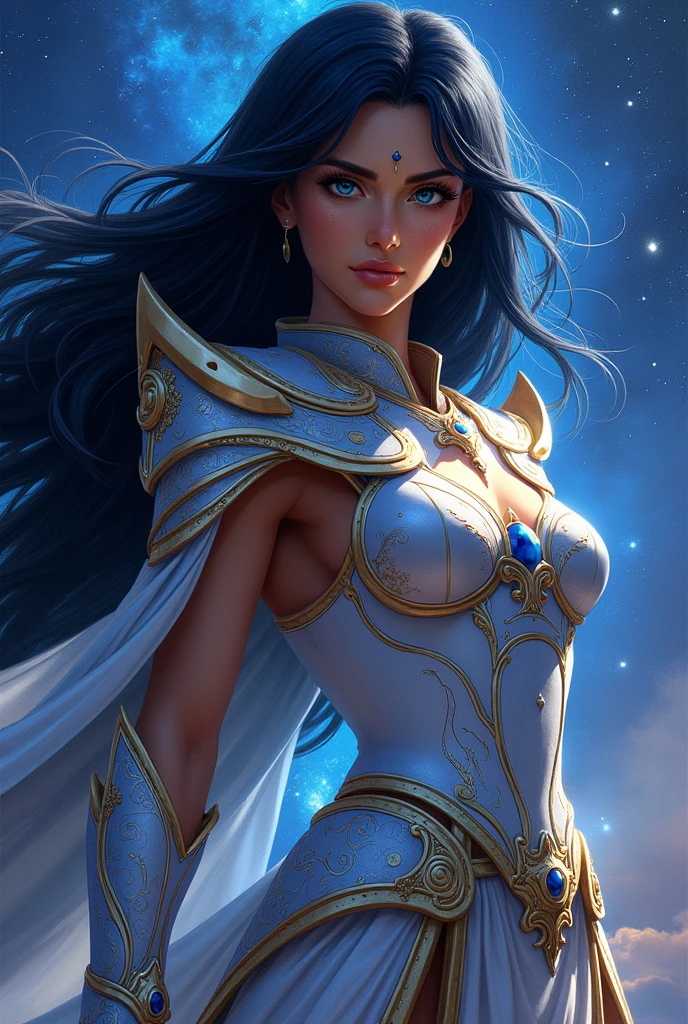 Saint Seiya The Lost Canvas, Female gender, black and long hair, Sapphire blue eyes, brown skin.