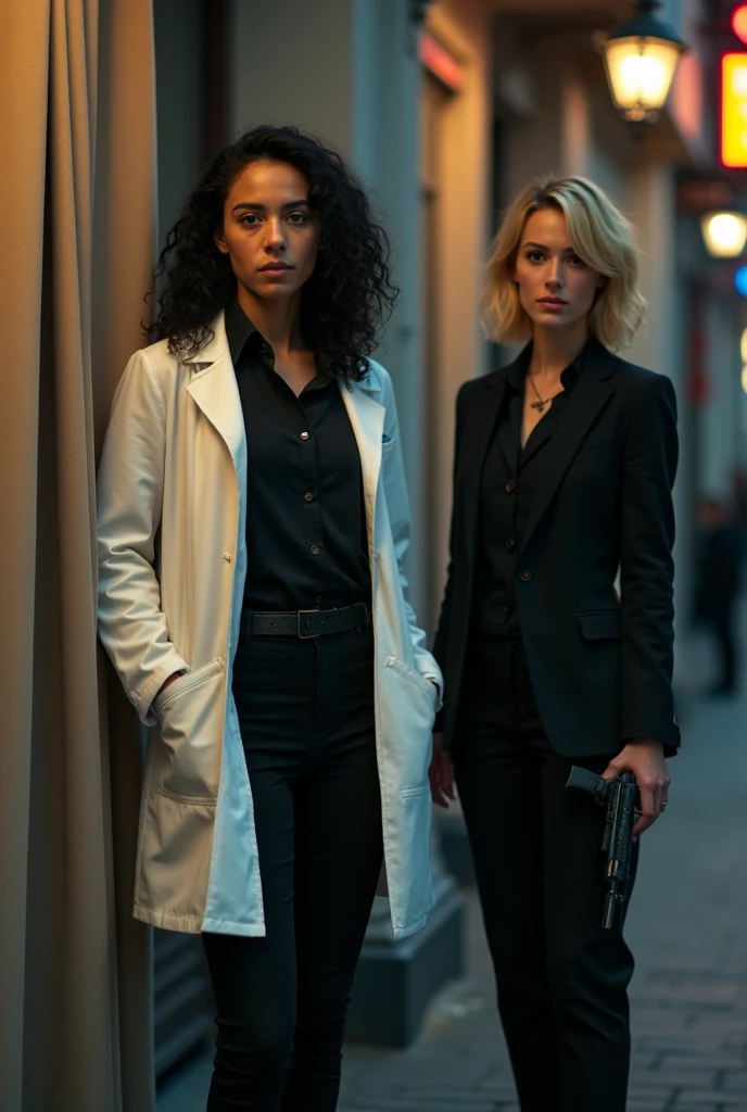 A 25 year old woman. tall and thin. curtain. Round face, defined chin and upturned nose. Bblack hair, wavy and medium. black leagwear, a formal doctor's coat. And Woman 25 years old, tall. white. hair blonde, wavy and short. Black suit and detective badge. Policerman. M17 in hand. greeneyes.