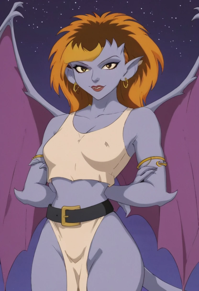 1990s gargoyle in the animation style of Gargoyles: The Goliath Chronicles. female gargoyle character with a humanoid form, lavenderskin, and bat-like wings. She has a sleek,  build with sharp claws on her hands and feet, pointed ears, and a long, slender tail. Her face is sultry with large, almond-shaped eyes, a defined nose, and a soft jawline. She wears a cream-colored tunic with a golden belt at the waist, along with gold hoop earrings and a gold bracelet. Her golden blonde hair is voluminous and styled in a braid that falls down her back. The setting should have a night-time, gothic atmosphere with dramatic shadows to highlight her confident and poised stance.
