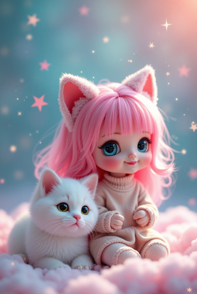 Little doll using cat ears with pink hair smiling looking to the front with a white cat with a magic background