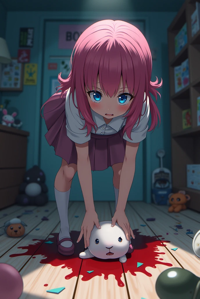 An anime girl with a rabbit on the floor, she's stepping on its head in her room, there's blood on the floor, she looks disgusted and the rabbit is dead. She has pink hair and blue eyes.