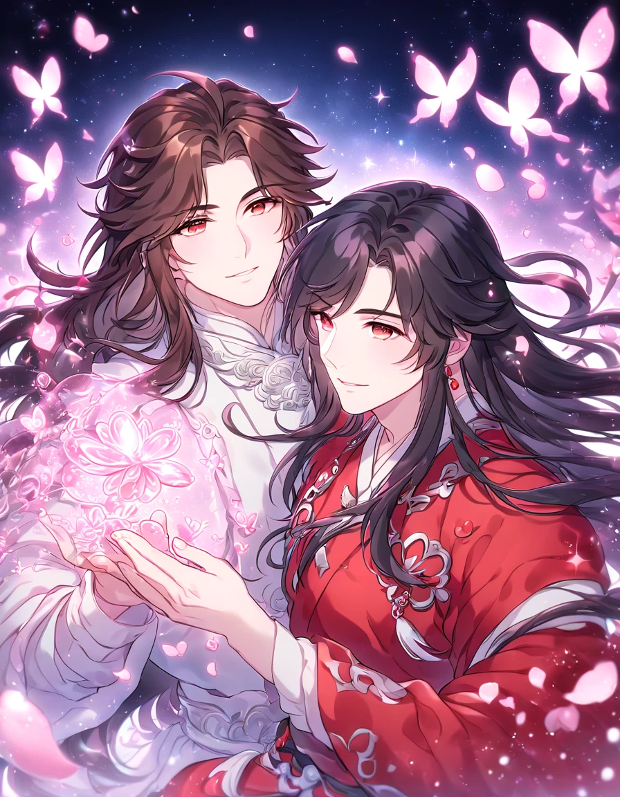 absurdres, highres, ultra detailed, HDR, master piece, Xie Lian, brown hair, long hair, expressive brown eyes, white clothes, Hua Cheng, black hair, long hair, expressive red eyes, red clothes, Heaven Official's Blessing, fantasy, glittering pink butterflies, petals, magical, two sexy men together, handsome, gay couple, yaoi, very detailed eyes and face, glittering, pink flowers, pink shining fireflies, pink fire, crystal glass magic, sensual, pink rain, manly man