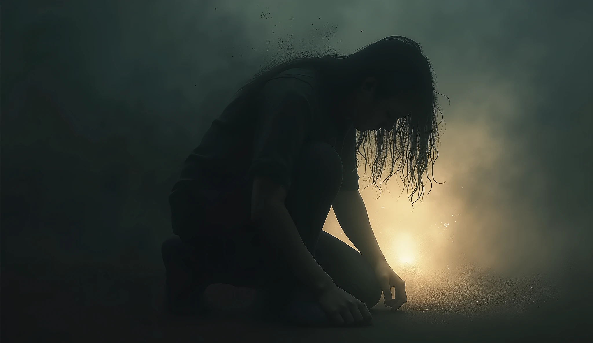 A close-up of a person kneeling or bending over, with an expression of internal struggle, surrounded by a dark aura that tries to envelop them. The image should suggest vulnerability and weaknesses that the enemy is trying to exploit, but with a glimmer of light indicating resistance or hope.