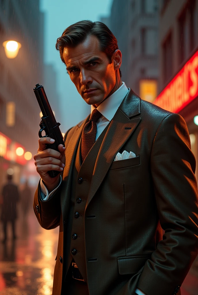 Adagio dszzle modeled after sonata Dusk as Brosnan James bond with brown suit and brown necktie with a Walther PPK gun