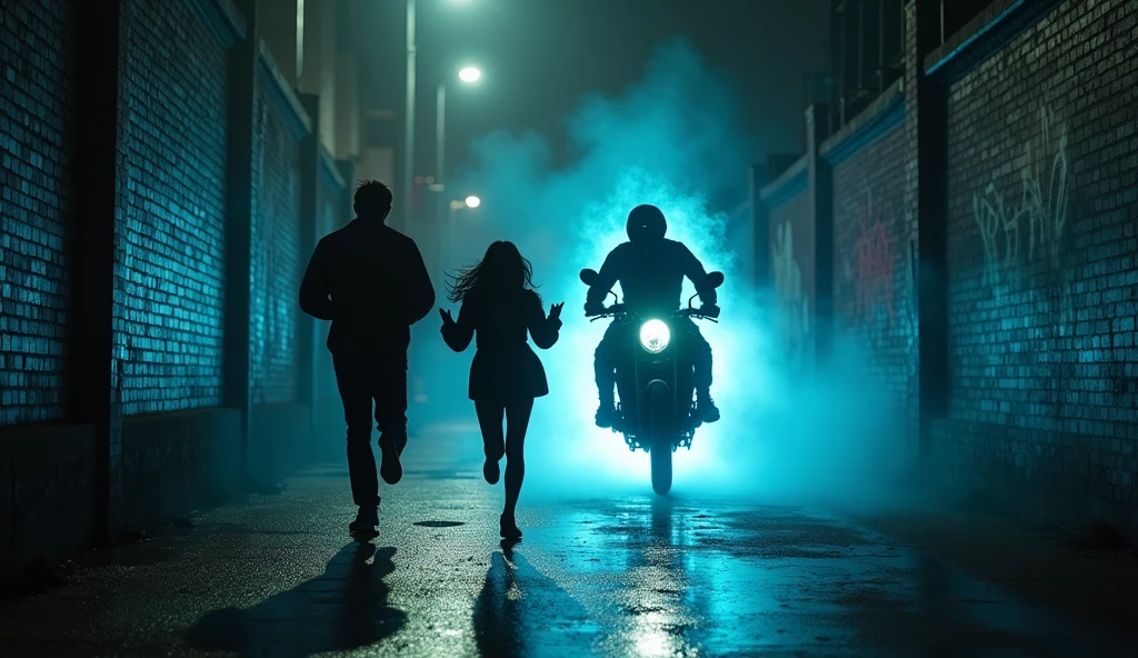 Create a realistic image of a couple scared and being chased by a ghostly motorcycle. 