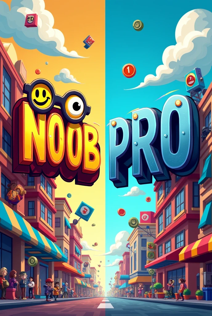 Create an image where one part says "Noob" and the other part says "Pro." The image should be of a clicker tycoon for Roblox. 
