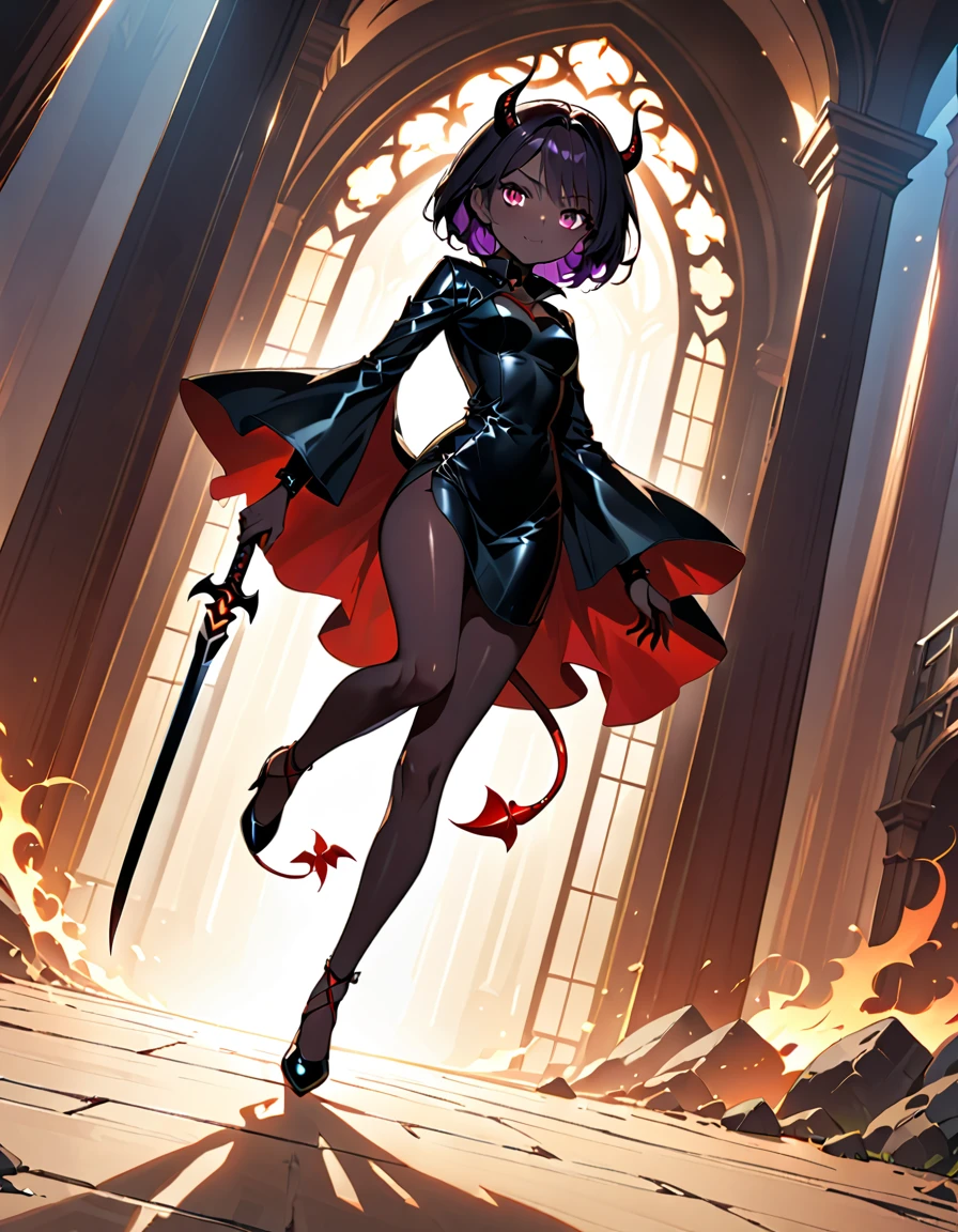 (((masterpiece, best quality, high detailed, 16k))) (1girl) A mysterious rogue with short, jet-black hair and striking violet eyes. She is dressed in a sleek, dark leather outfit that allows for swift movement, with hidden daggers strapped to her legs. Her expression is cold and calculating, and she holds a shadowy blade that seems to absorb light. ((full body view)), (devil:1.3), (pure black skin:1.3), (dynamic angle:1.2).