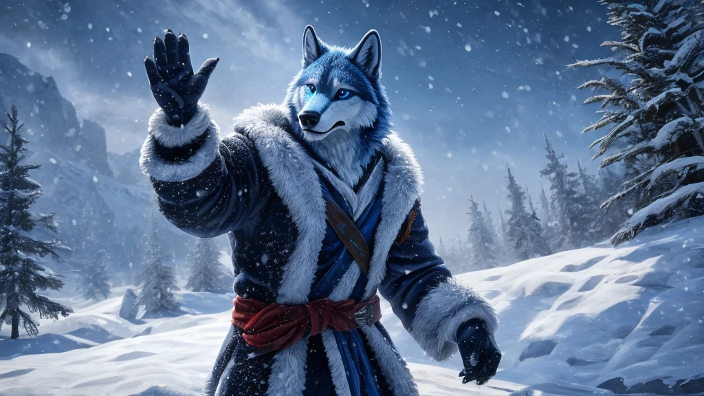 anthro muscular white and blue wolf, detailed blue eyes, winter clothes, raising hands to catch snowflakes, snowflakes, icy plains, snow-covered trees, hyper realistic, 4k, best quality, ultra-detailed, photorealistic, vivid colors, studio lighting, masterpiece