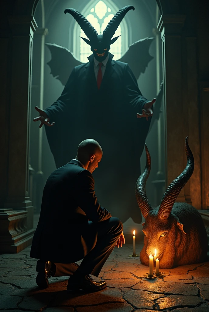 arafed man in a suit and tie kneeling next to a goat head, ron desantis as satan, satanic church interior, satanic ritual, lucifer, with horns, scary horrifying satanic rituals, making a deal with the devil, satanism, he's very menacing and evil, lucifer the star, moloch, an evil catholic priest, satanicarafed man in a suit and tie kneeling next to a goat head, a picture inspired by Sava Šumanović, trending on tumblr, fine art, ron desantis as satan, satanic church interior, satanic ritual, lucifer, with horns, scary horrifying satanic rituals, making a deal with the devil, satanism