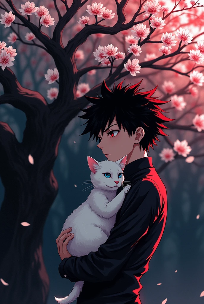 Blossom tree theme , White , black , Blood red colour , dark background , Anime boy , Spiky hair , black hoodie , red eyes , narrowed eye , carrying a white cat with blue eye , side view