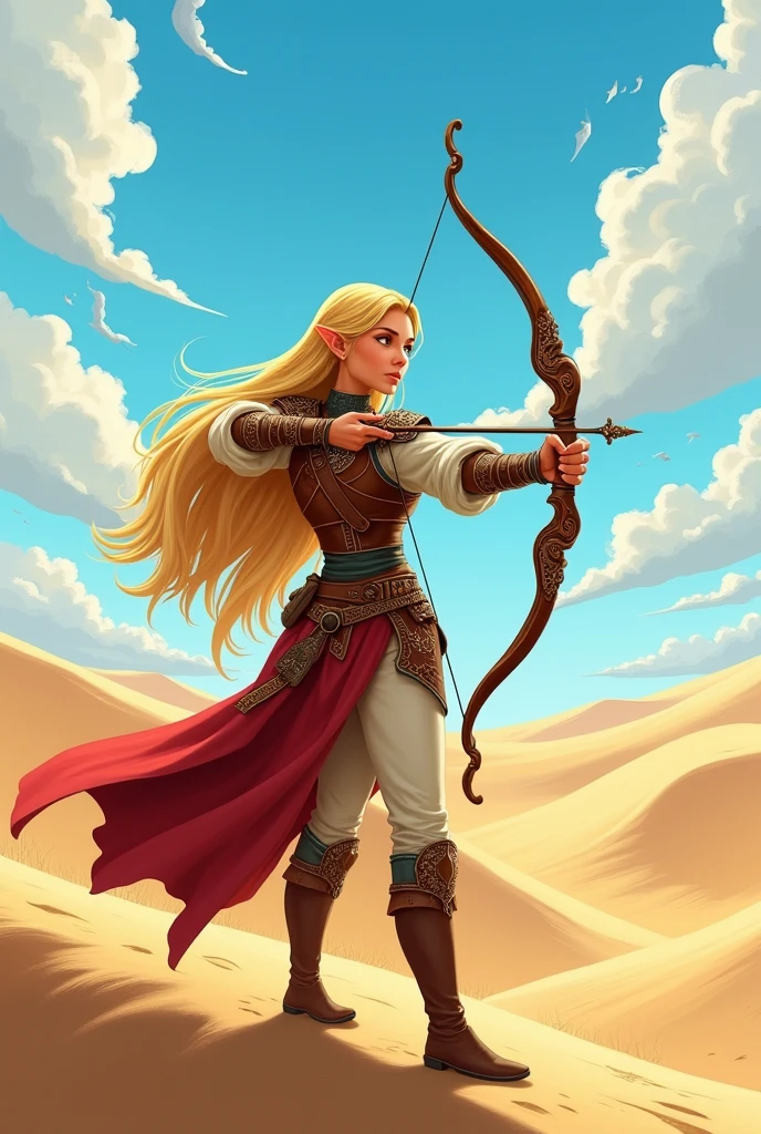 Young elf woman, Long straight blonde hair, wearing leather breastplate and medieval clothes, wielding a bow, in a desert, best qualityer, cartoon, high fantasy.
