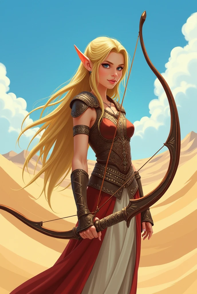 Young elf woman, Long straight blonde hair, wearing leather breastplate and medieval clothes, wielding a bow, in a desert, best qualityer, cartoon, high fantasy.