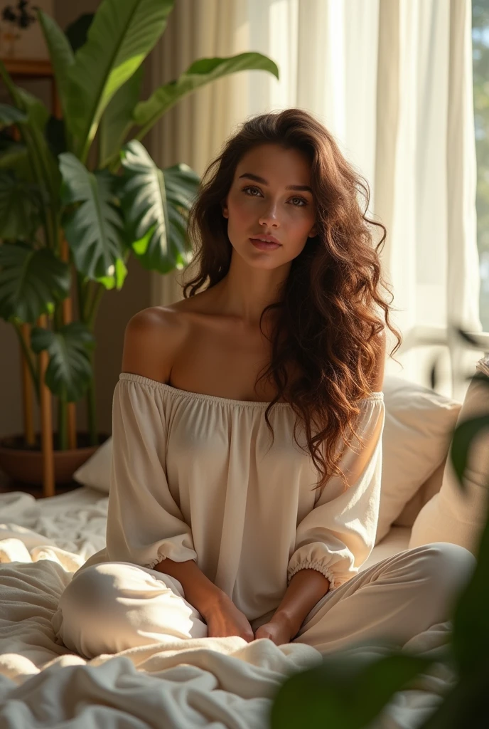 (photorealism:1.2), beautiful woman, sitting on bed, wearing loose off-shoulder top, pajama pants, long curly hair, indoors, soft lighting, plants in background, window with sunlight, cozy room, relaxed pose, realistic, intricate details, warm colors, by Greg Rutkowski, by Alphonse Mucha