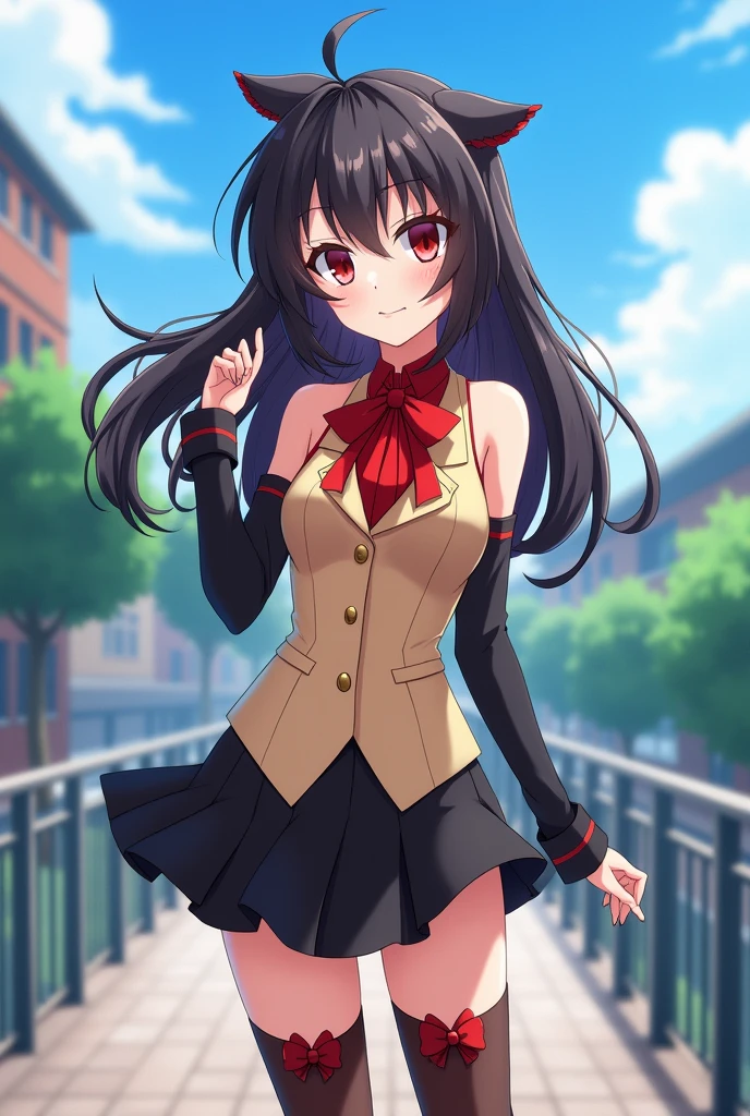 Rin Tohsaka, her face flushed very excited, fully body, work of art, top quality picture, super resolution, High definition, 4K, full hd, well defined and detailed image in the smallest details, she is wearing a red sleeveless blouse that shows off her belly and navel and her shoulders with long black sleeves, beige vest with a collar in the style of fine sportswear and a red bow tie, her breasts are exposed in a small cleavage, a sexy, short black skirt makes her even sexier, brown thigh high socks, with two black bows on top of her head, she is standing looking at the viewer playing with a lock of her hair, on the school terrace, gerar imagem de fully body