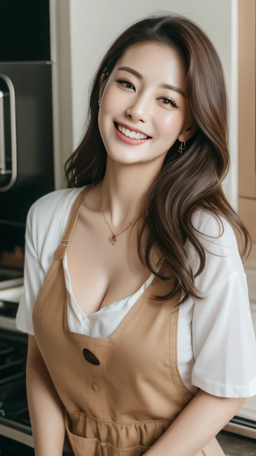 (highest quality、8k、masterpiece:1.3)、Beautiful woman with perfect figure:1.4、Dark brown long hair、30 years old、Wearing a pendant、Wearing a brown apron、White shirt、Wide open chest、Emphasize cleavage、In the kitchen、Highly detailed face and skin、Fine grain、double eyelid、Big Breasts 、Laughter、 Big Asuscular