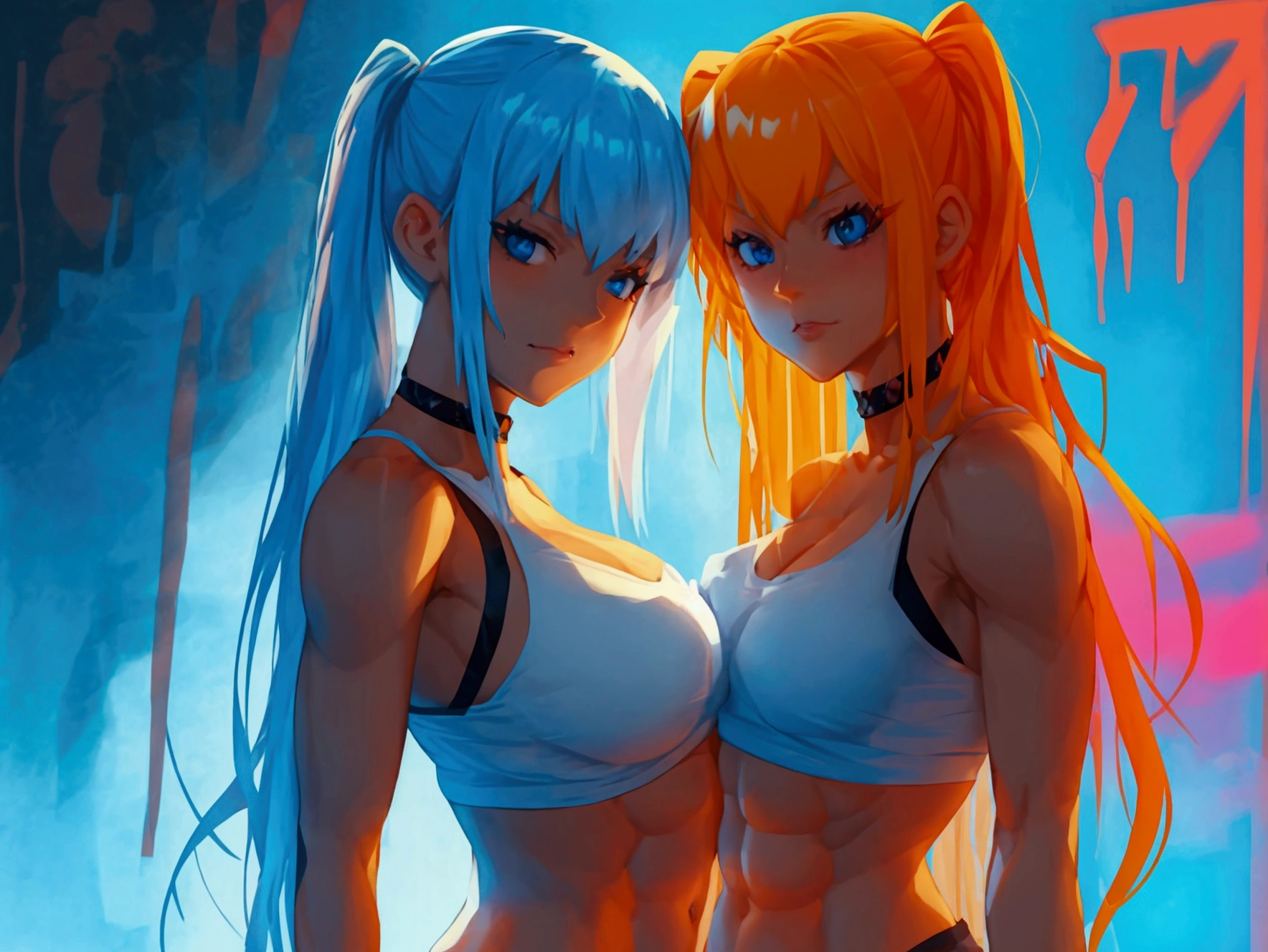 Tall, very muscular, blonde woman, wearing a white top written "#GYMMOMMY", black shorts, double biceps pose, blue background, black letters in the background, text in the background "Death By Snu Snu!", seductive face, manga artwork , anime style, great color contrast