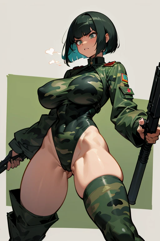Cuberpunk, thick hips, thick thighs, high heel boots, high cut leotard, huge breast, thin waist, bob cut hair, weapon, tanned skin, gun, angry look, military camouflage, scream, thick body,