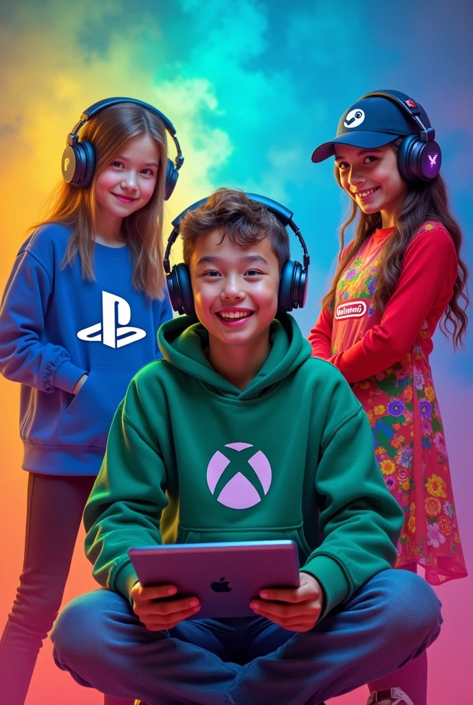 Une fille avec le logo Playstation, un garçon avec le logo Xbox, une fille avec le logo Nintendo, et un garçon avec le logo steam pourtant sur ses mains un ordinateur portable et un casque sur la tête animé