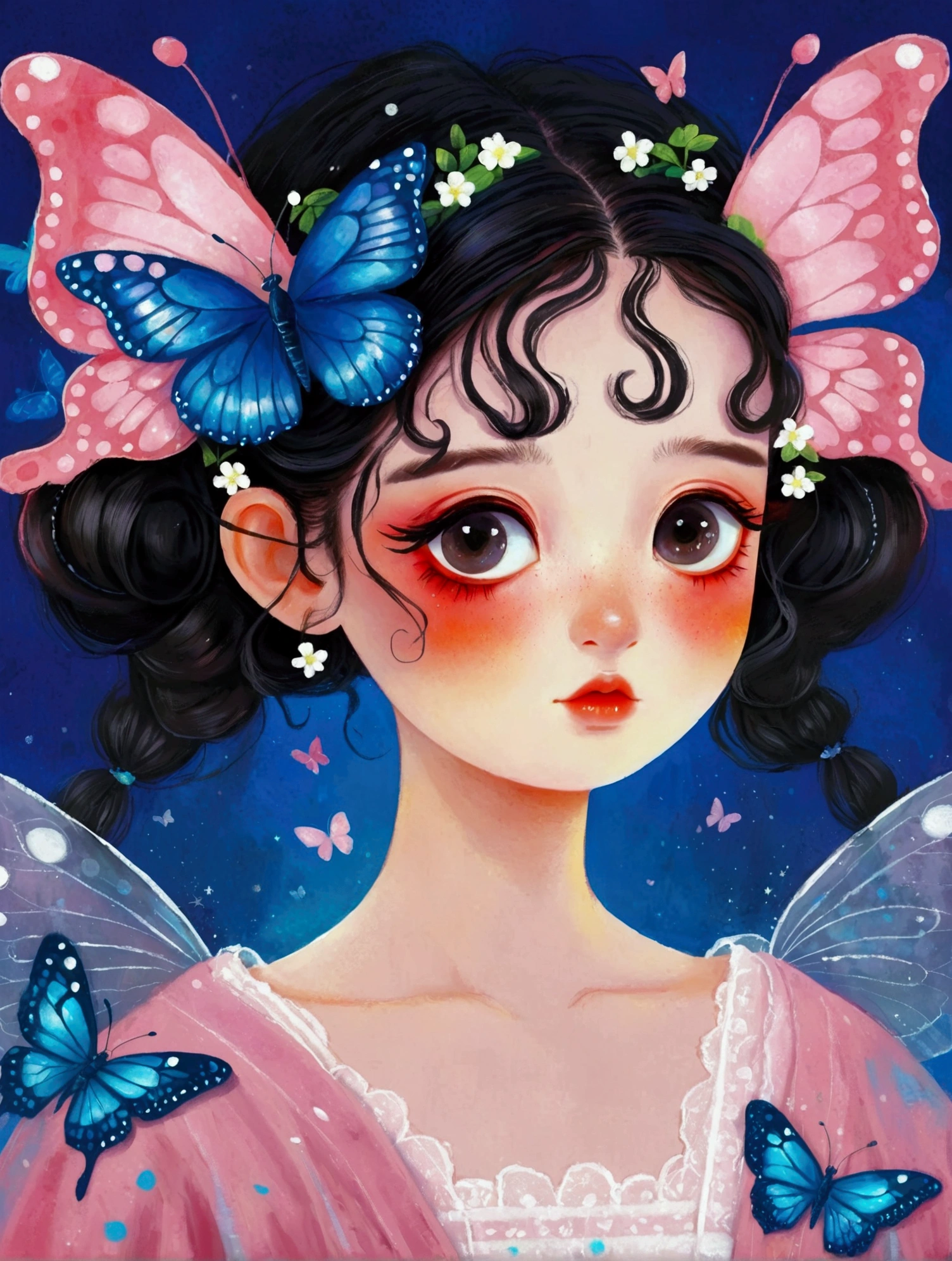 A painting,Pastel Art:a painting of a girl with a butterfly in her hair, a digital painting by Li Song, artstation, fantasy art, big eyes,symmetry,a beautiful artwork illustration, cute digital art, cute detailed digital art, digital cartoon painting art, trending on artstration, cute art style, realistic cute girl painting, beautiful digital illustration, beautiful art uhd 4 k, adorable digital painting