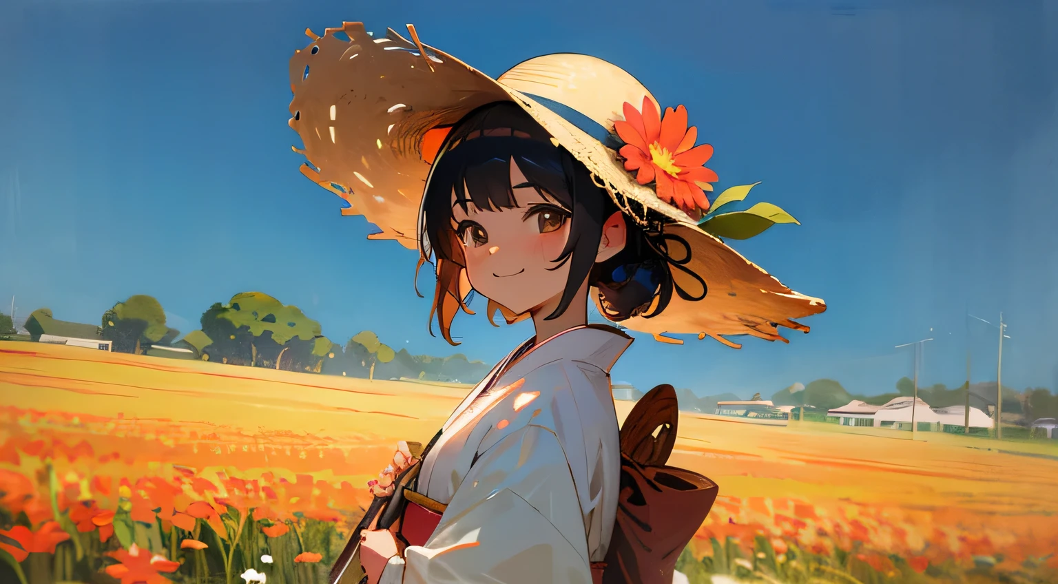 summer,nature,smile,kimono,japanese girl,straw hat,flower field