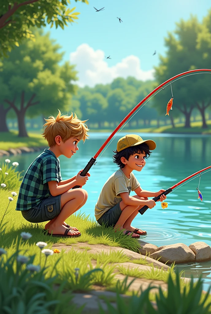 Two teenage boys fishing for a goldfish
