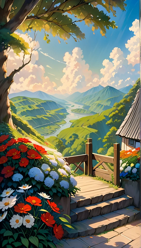 Realistic, authentic, beautiful and amazing landscape oil painting Studio Ghibli Hayao Miyazaki&#39;s petal grassland with blue sky and white clouds 8k, birds