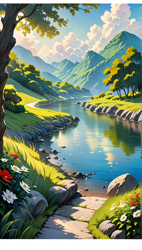 Realistic, authentic, beautiful and amazing landscape oil painting Studio Ghibli Hayao Miyazaki's petal grassland with blue sky and white clouds 8k, birds