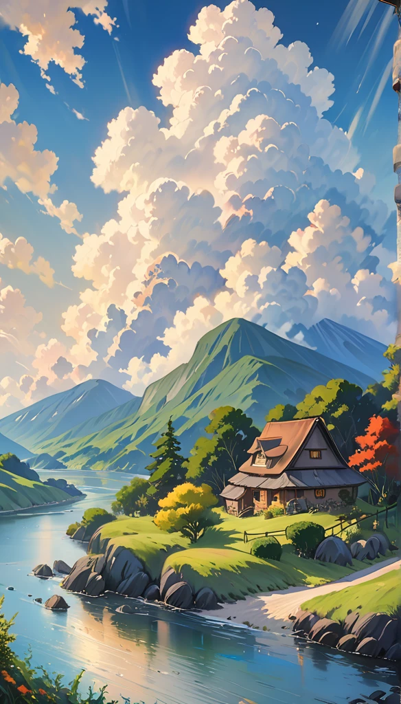 Realistic, authentic, beautiful and amazing landscape oil painting Studio Ghibli Hayao Miyazaki's petal grassland with blue sky and white clouds 8k, birds
