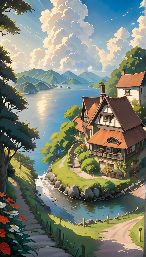 Realistic, authentic, beautiful and amazing landscape oil painting Studio Ghibli Hayao Miyazaki&#39;s petal grassland with blue sky and white clouds 8k, birds