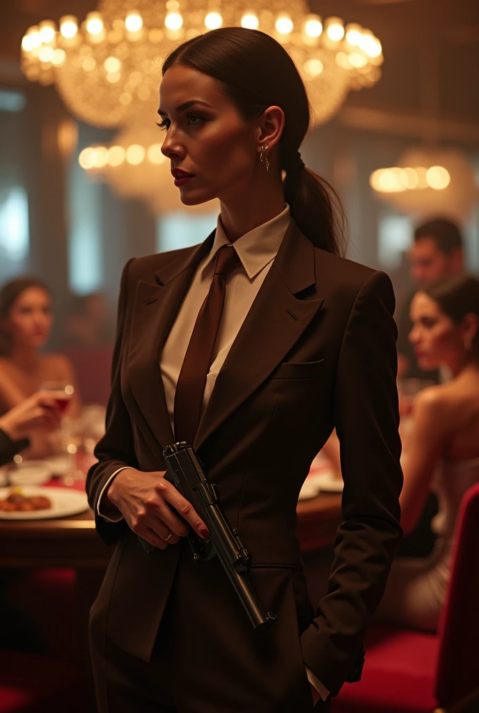 Adagio dszzle modeled after sonata Dusk as Brosnan James bond female with brown suit and brown necktie with a Walther PPK gun