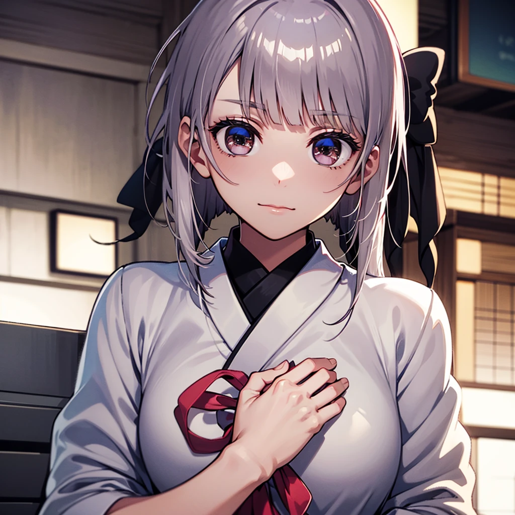 Beautiful girl, cold silver eyes, calm look, cold facial expression, emotionless, quiet modest smile, long silver hair in a ponytail, wearing Japanese school clothes