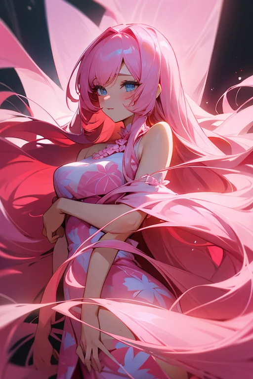 A beautiful woman with long pink hair and beautiful eyes wearing a long, elegant and detailed pink Hawaiian dress.