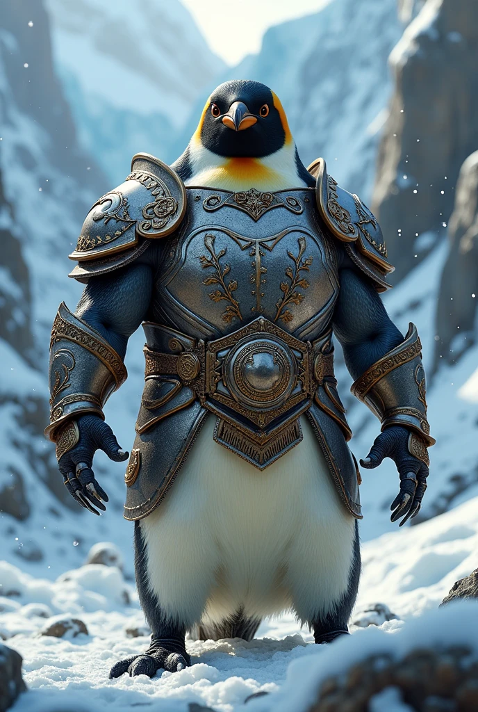 Image of a super muscular penguin with strong arms and gladiator armor