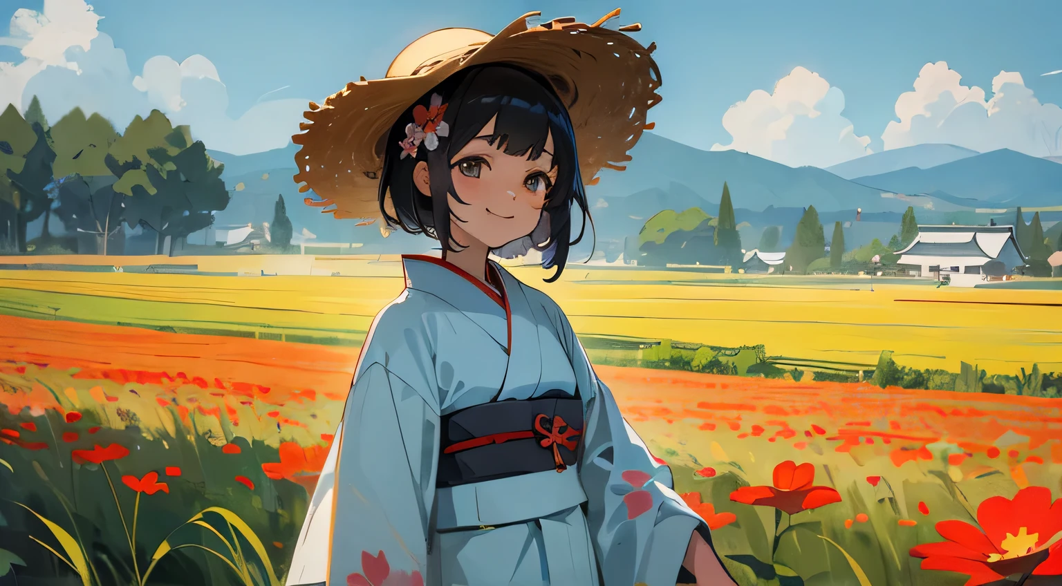 summer,nature,smile,kimono,japanese girl,straw hat,flower field