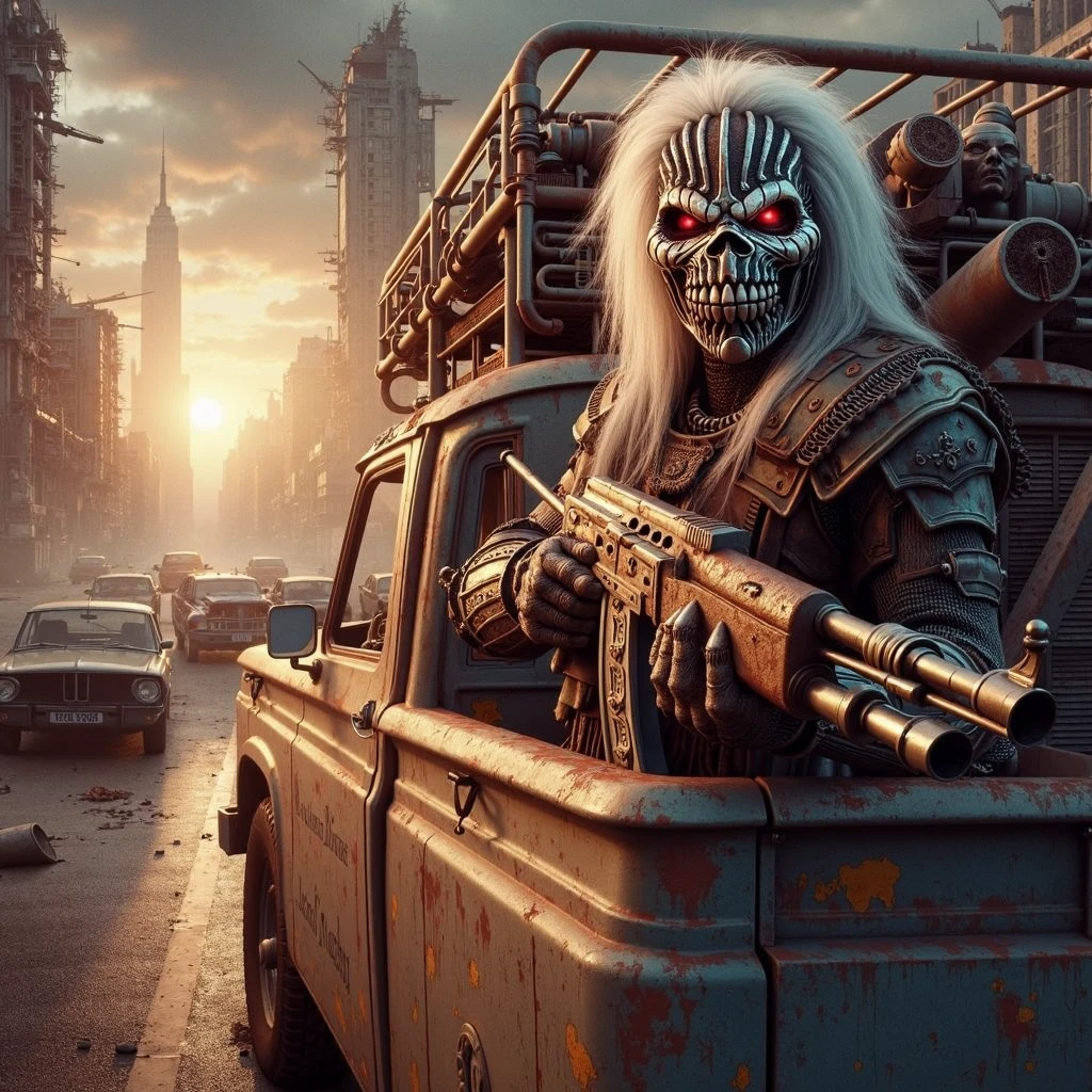 A photorealistic illustration representing Iron Maiden's 'The Evil That Men Do', in Don Lawrence style with detailed aesthetics, rendered in octane with ultra high resolution, 8k, Midjourney Aesthetic, realistic Style, Cinematic Style, Painting Style, depicting a dystopian post-apocalyptic scene.