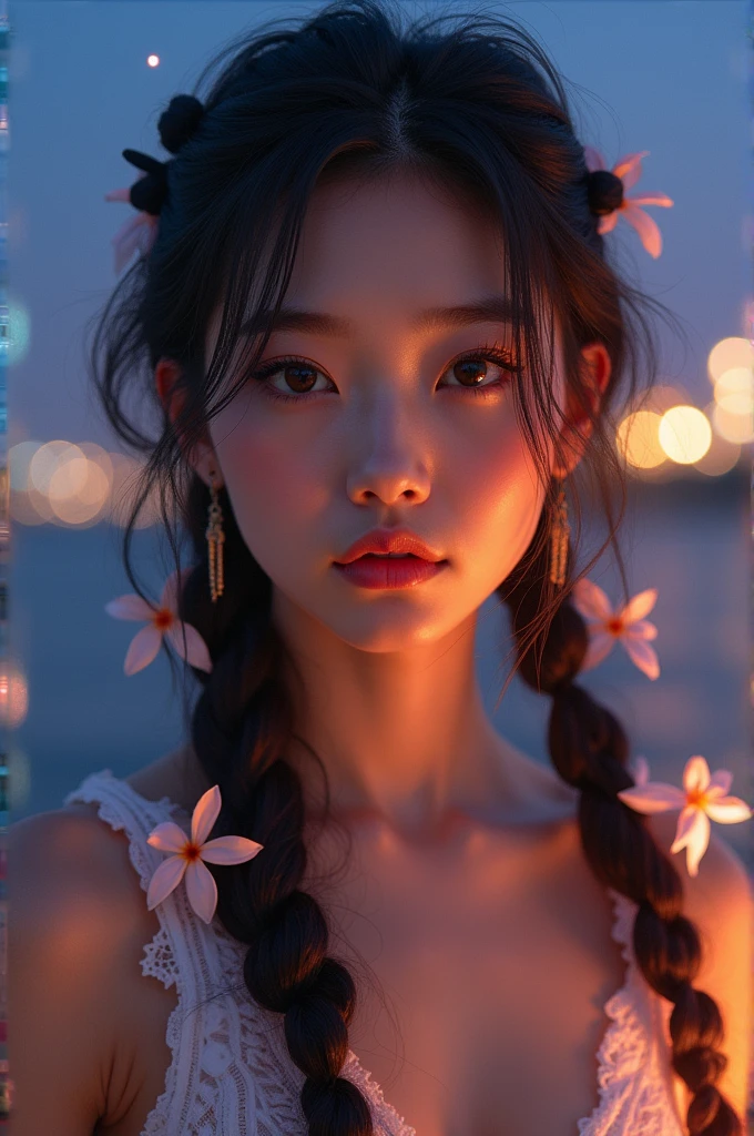 Half body portrait of Korean woman with braided hair, Beautiful and spellbinding for every eye, Under the eyes, night picture, dress up tank top, flowers in hair