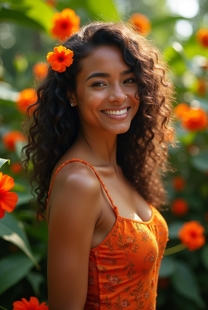 A Brazilian woman in a lush tropical garden, without any clothes, with a close-up capturing the harmonious beauty of your entire body and the natural flowers, showing off your natural charm and outgoing personality.