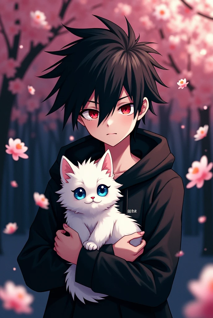 Blossom tree theme , White , black , Blood red colour , dark background , Anime boy , Spiky hair , black hoodie , red eyes , narrowed eye , carrying a white fluffy cat with blue eye , chibi version