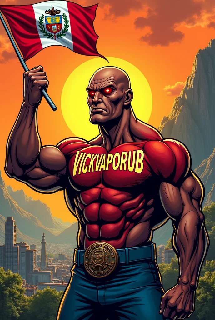 Strong VICKVAPORUB can with muscles and red eyes,  On his chest he wears the name VICKVAPORUB and in one hand he carries the flag of Peru.
