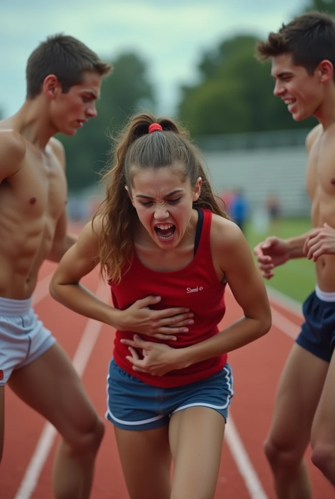 Generate an illustration that meets the following criteria:
- Multiple boys are bullying a girl on the track team by punching her in the stomach.
- The illustration should depict the moment the punches are being delivered.
- The punches should be visible on her stomach.、Have a distressed expression