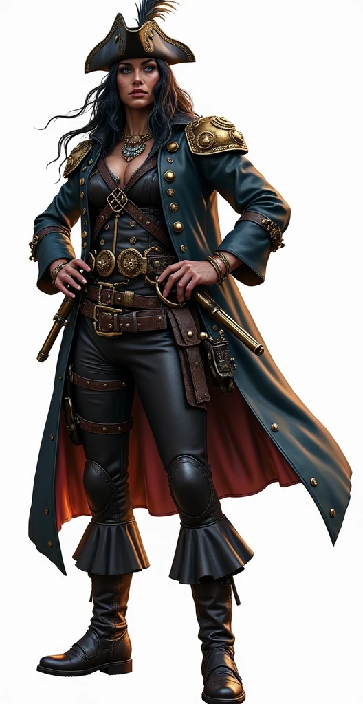 steampunk fanart of an imposing pirate woman, with wavy black hair that falls to her waist and blue eyes. Your skin is sun-kissed and scarred. She wears a large cloak reinforced with metal, adorned with pirate insignia, practical clothes, tall boots, and of course, Her hat,. Besides two pistols and a long sword