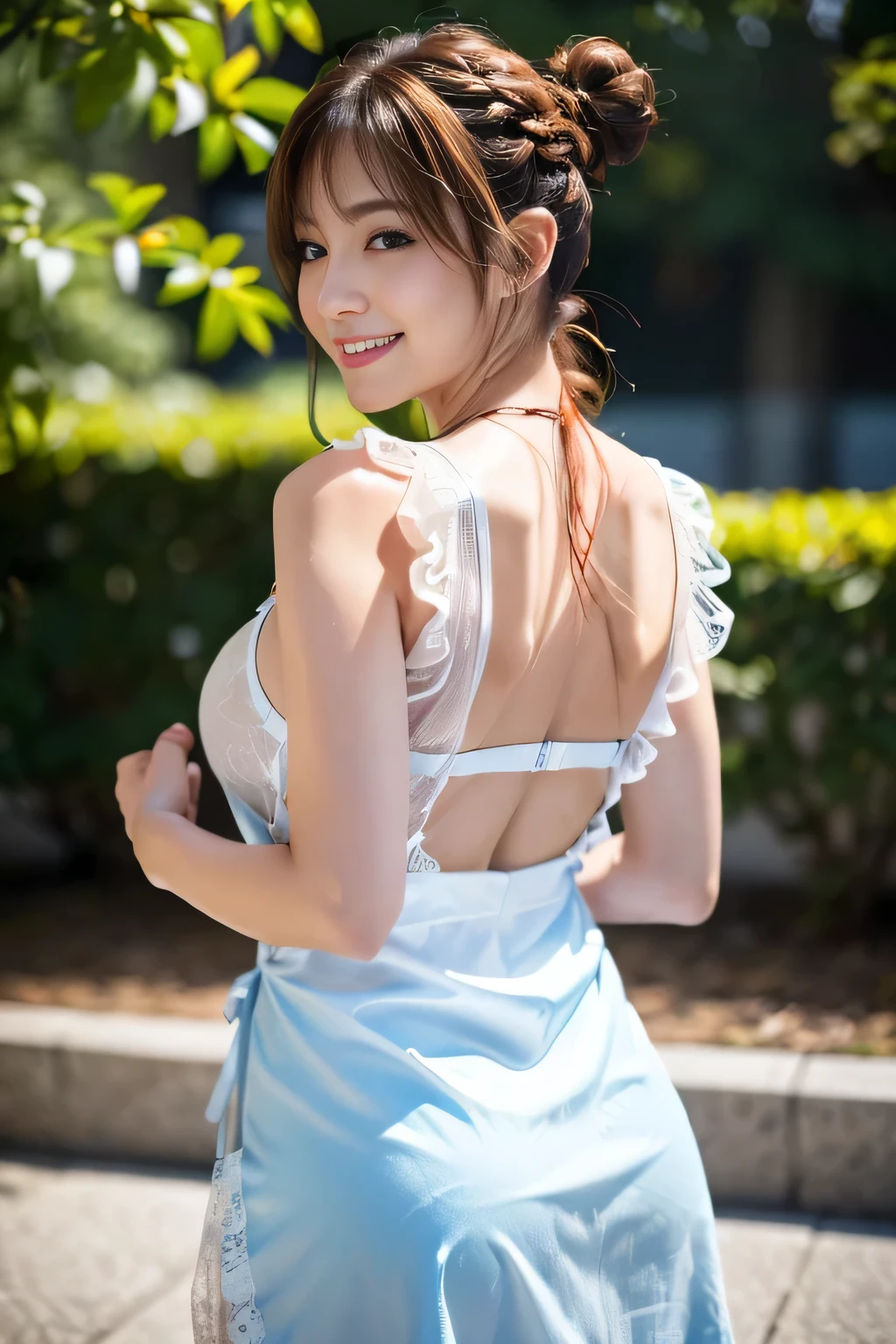 (A masterpiece of image quality in 8K),(Beautiful Allafed Woman),(((emphasizing breasts:1.3))),(Dynamic angles),(Dynamic and sexy bending pose:1.3),(crouching down:1.3),(Short hair in shiny silver and orange inner colors,large full breasts,Disturbance of clothing due to movement,breast slip,(Ponytail twisted buns adorned with elaborate braids and beads,Braided Setup Fishbone Hair,),(see-through bangs),Huge breasts、(((A white lace apron that shows your bare skin from under your big breasts...)))、Blush with embarrassment、Enraptured eyes、A smile that beguiles the viewer、(Look back:1.7)、Look into the photographer,skin glistening with sweat,gazing at viewer,,(Professional Lighting),(8K,masutepiece,top-quality,Ultra-high resolution output image,),(Ultra HD with complex detail image modes),depth of fields,Beautiful hands,Beautiful fingers,Detailed finger features,(Detailed hair features:1.7),detailed facial features,detailed clothes features,