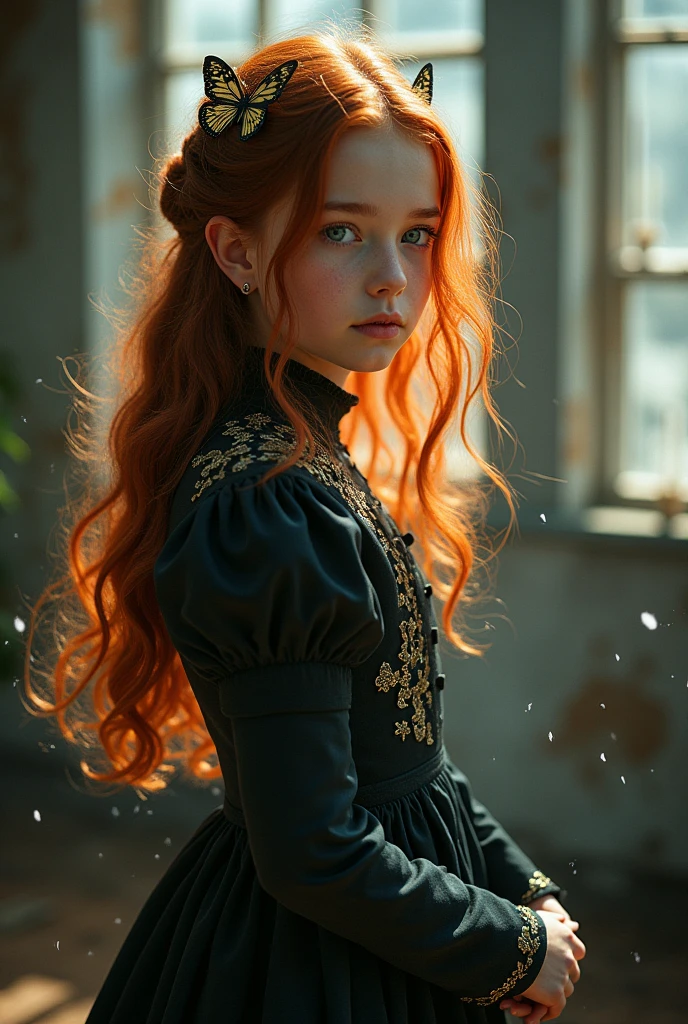 (bare, full body photo:1.3), (full of&#39;action:1.3), (haze, brouillard, haze:1.3), clair-obscur, best quality, Photorealistic, 1 Kale girl Mackenzie Foy, (Mignon), (13 ans:1.2), roux, Long, very detailed reddish hair, Kale, sans soutien-gorge, Années 1700, la photographie Kalemérique, art by artgerm and ruan jia and greg rutkowski surreal painting gold butterfly filigree, broken glass, (head of&#39;artwork, side lighting, Fashionable finely detailed eyes: 1.2) (De grands yeux ovales parfaits qui regardent le spectateur), beautifully detailed face, bleu magnifique yeux parfaits, (queue de cheval cheveux blonds), (Pretty young woman:1.3), (Thick and stunning hair), (attractive:1.1), (flush:1.1)