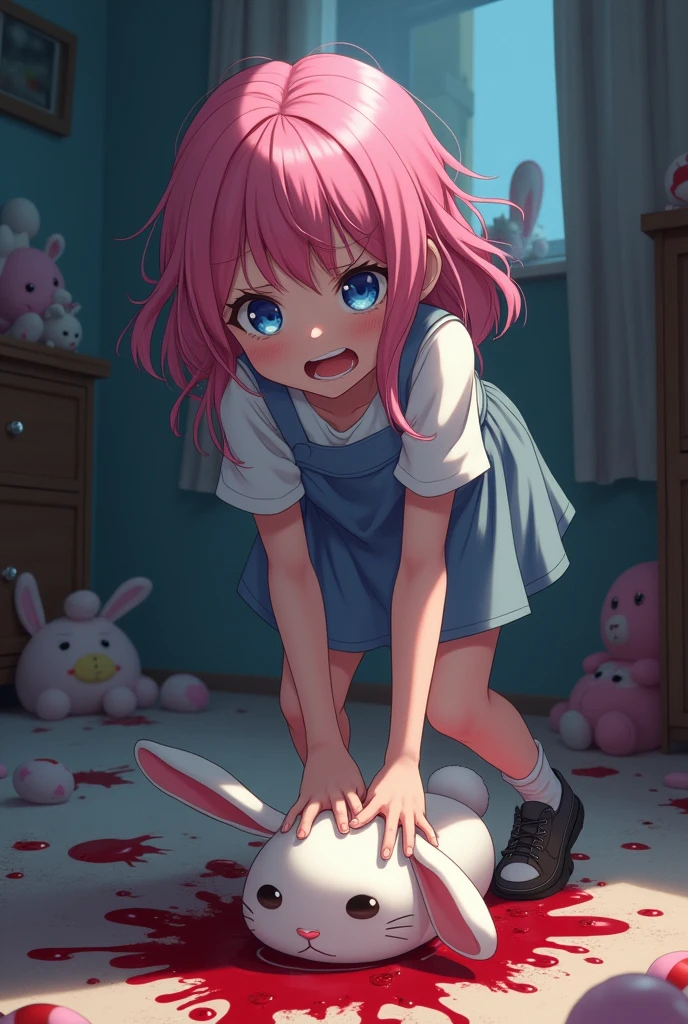 anime girl with rabbit on the floor she stepping on his head in her room with blood on the floor she looks disgusted and the rabbit is dead with her hair pink and eyes blue And the Rabbit is hurt