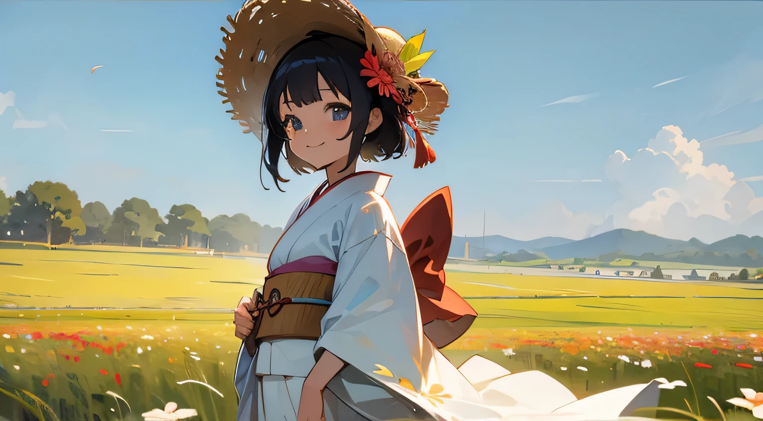 summer,nature,smile,kimono,japanese girl,straw hat,flower field